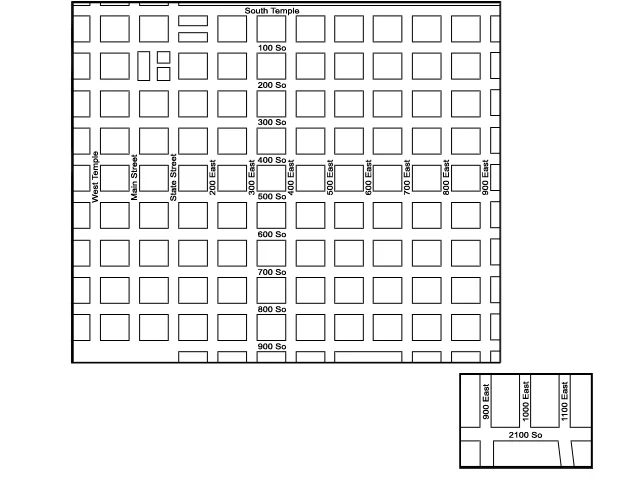 Street map of Salt Lake City from South Temple to 900 South, West Temple to 900 East, with a Sugar House inset